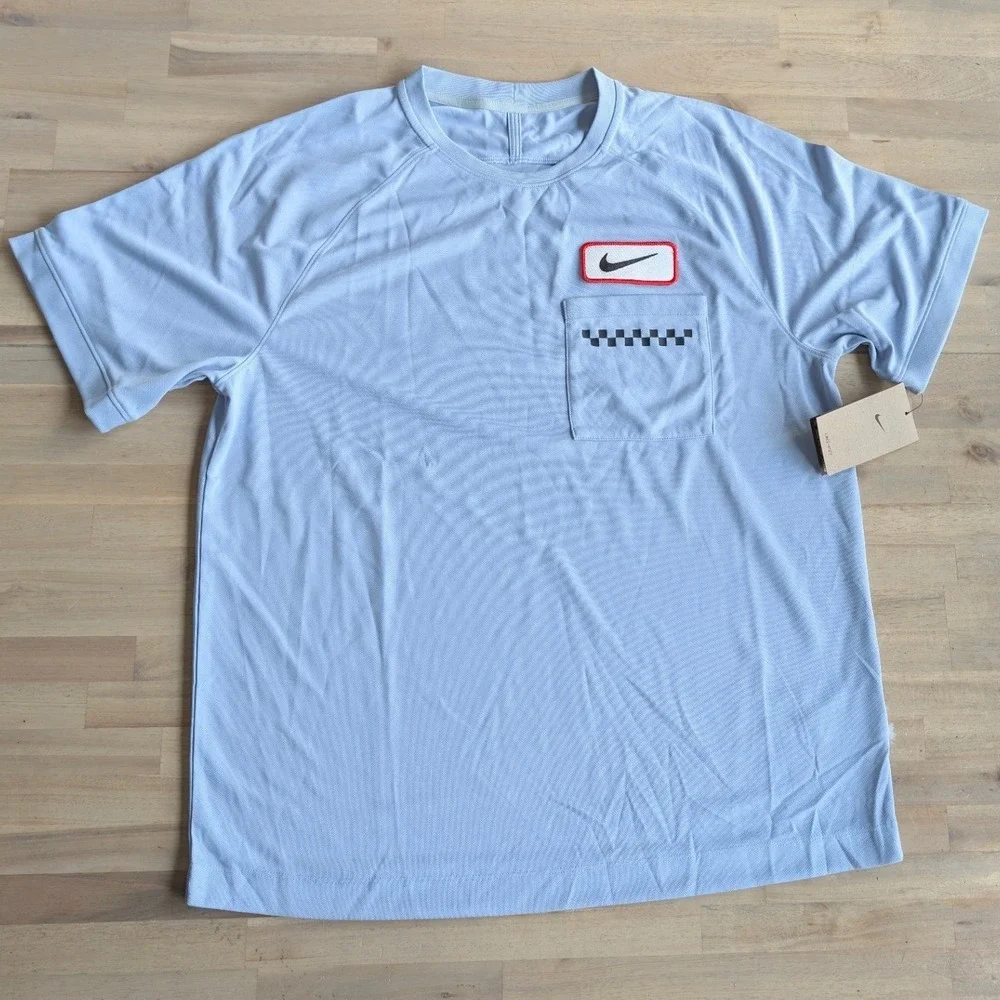Nike Dri Fit Mens Short Sleeve T Shirt Light Blue Checker Pocket Logo Size Large